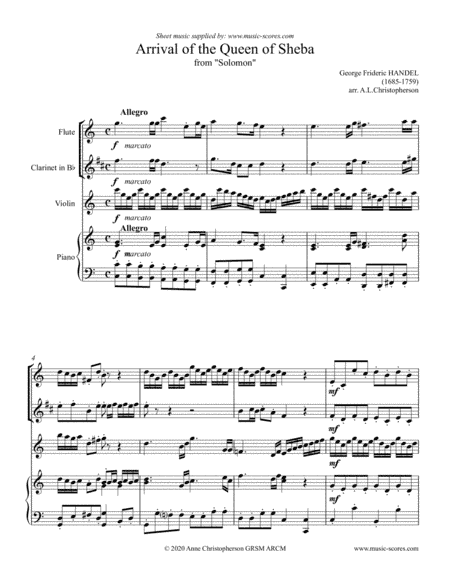 Arrival of the Queen of Sheba - Flute, Clarinet (high or low version), Violin, Piano (arr. Anne L Christopherson GRSM ARCM)