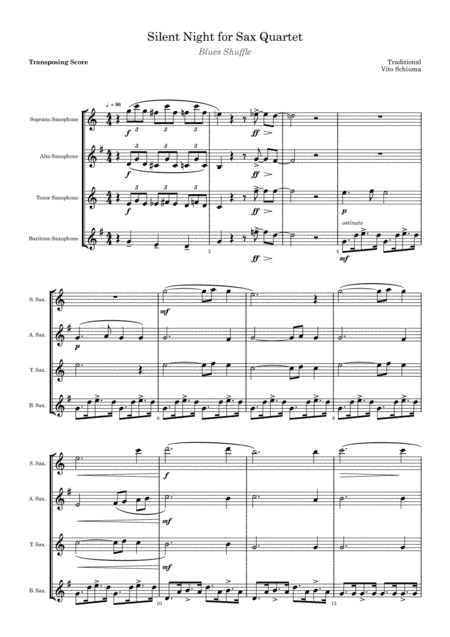 Silent Night Blues Shuffle for Sax Quartet - Easy (arr. Vito Schiuma)
