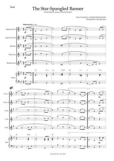 The Star-Spangled Banner - EUA Hymn (Sax Quintet) Piano and chords (arr. Cadu Barcelos)