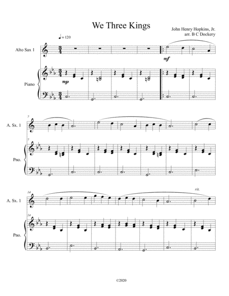 We Three Kings (alto sax solo) with optional piano accompaniment (arr. B C Dockery)