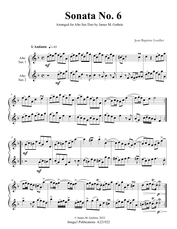 Loeillet: Sonata No. 6 for Alto Sax Duo (arr. James M. Guthrie)