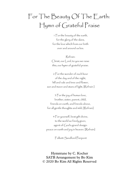 For The Beauty Of The Earth (Hymn of Grateful Praise) (arr. Bo Kim)