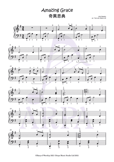[Pedal / Lever Harps] Amazing Grace (John Newton) 奇異恩典 (arr. Yee Lam (Elam) LAI)