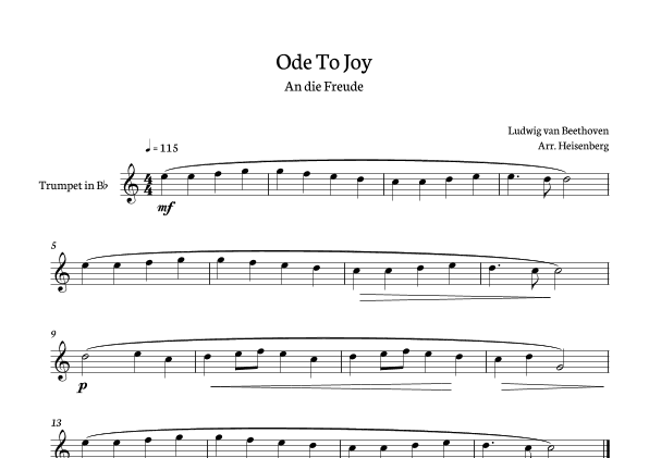 Beethoven - Ode to Joy for trumpet - clean version in Bb major. (arr. Heisenberg)