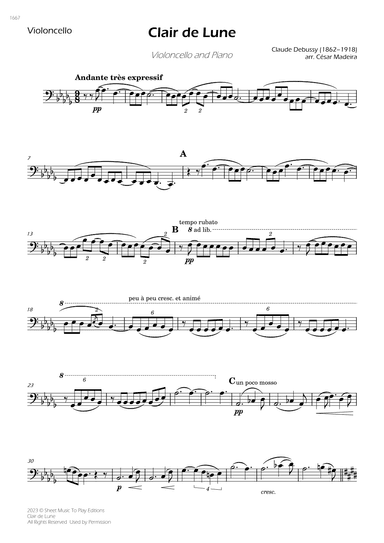 Clair de Lune by Debussy - Cello and Piano (Individual Parts) (arr. César Madeira)