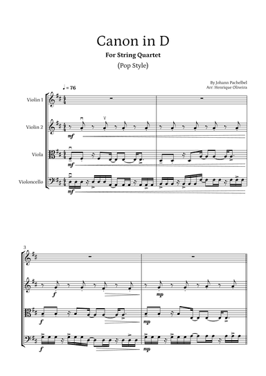 Canon in D (Pop Style) - For String Quartet (arr. Henrique Oliveira)