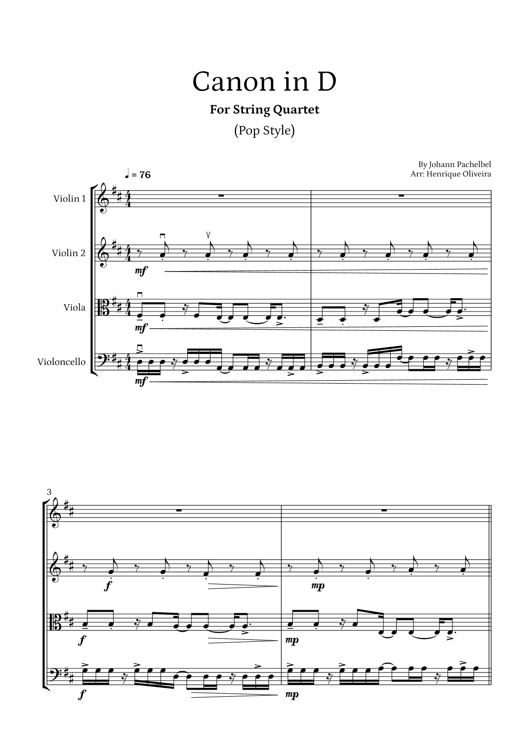 Canon in D (Pop Style) - For String Quartet (arr. Henrique Oliveira)