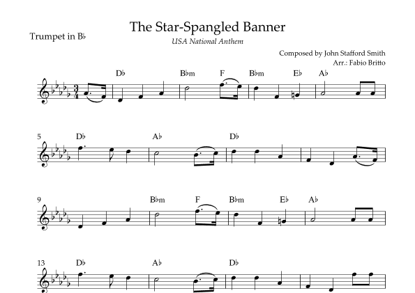 The Star Spangled Banner (USA National Anthem) for Trumpet in Bb Solo with Chords (B Major) (arr. Fabio Britto)