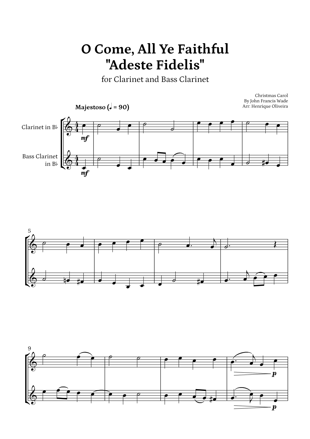 O Come, All Ye Faithful (Adeste Fidelis) - Clarinet and Bass Clarinet (arr. Henrique Oliveira)