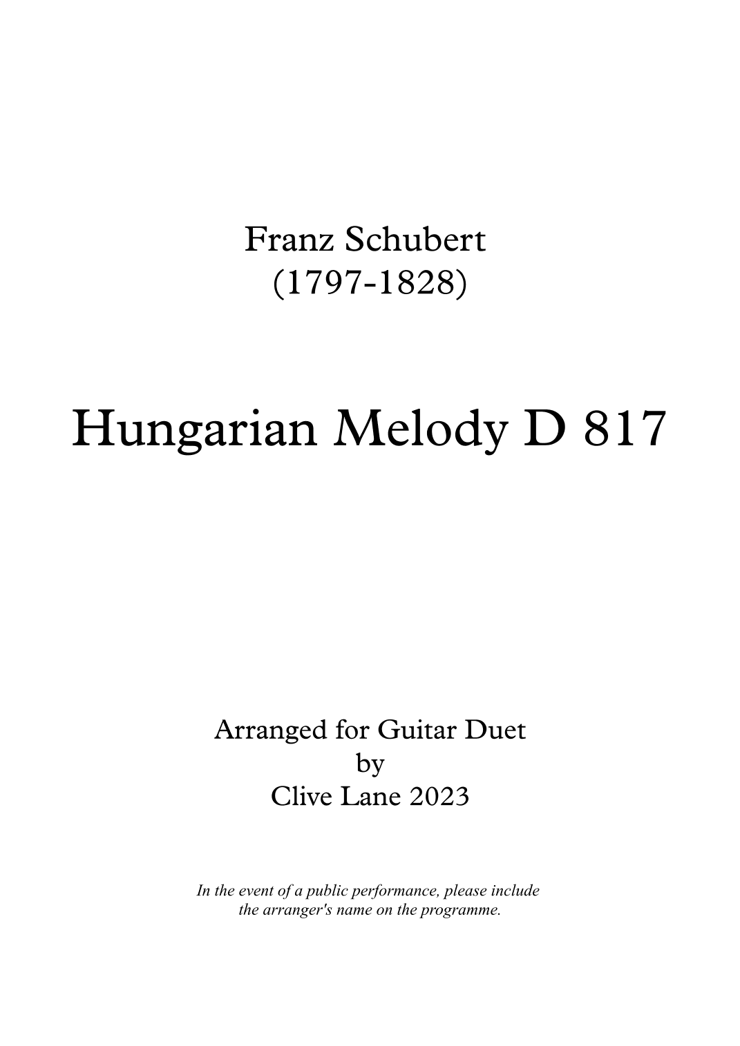 Schubert Hungarian Melody for guitar duet (arr. Clive Lane)