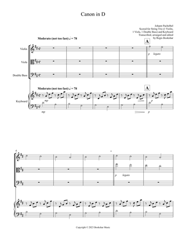 Canon in D (Pachelbel) (D) (String Trio - 1 Violin, 1 Viola, 1 Double Bass), Keyboard) (arr. Regis Bookshar)
