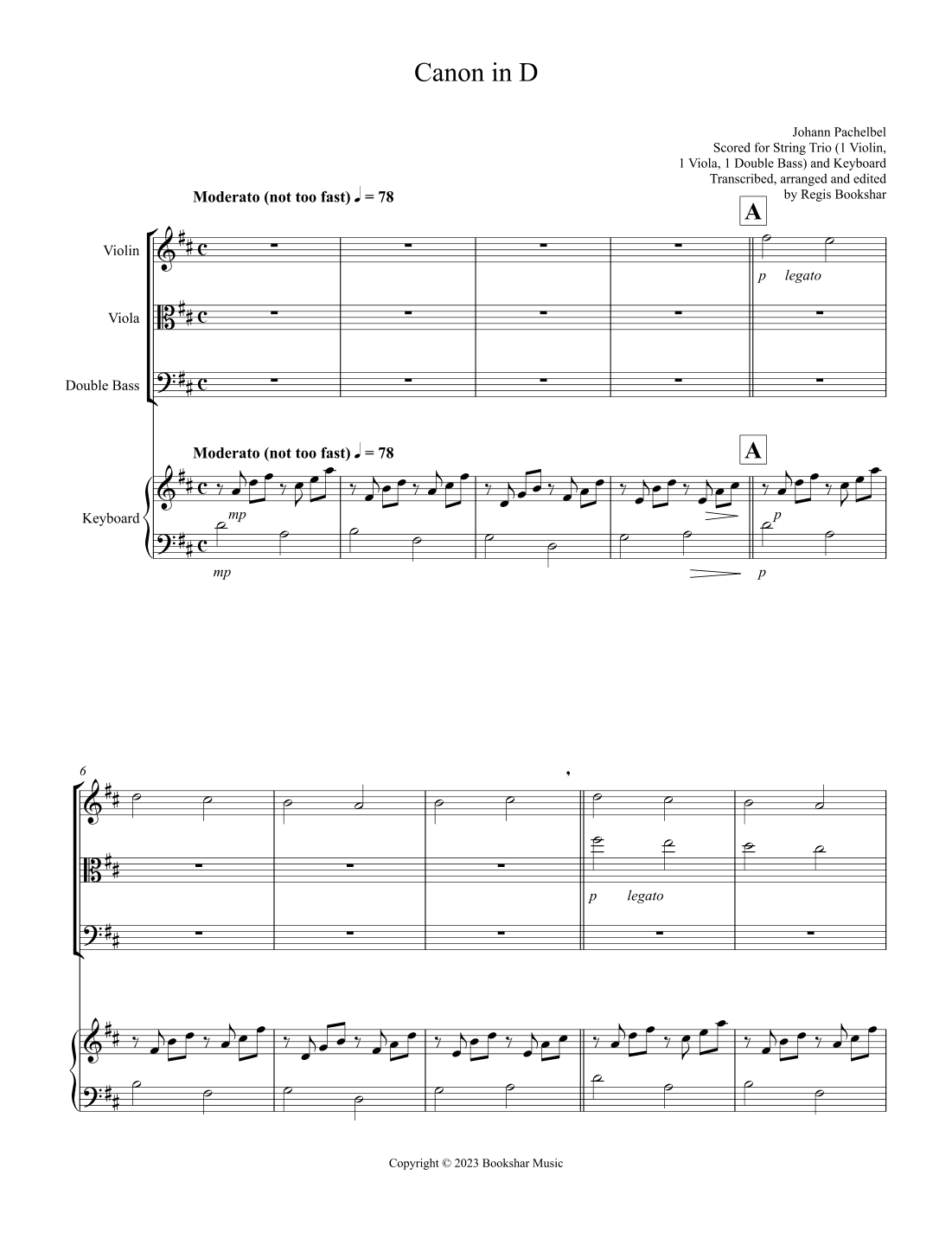 Canon in D (Pachelbel) (D) (String Trio - 1 Violin, 1 Viola, 1 Double Bass), Keyboard) (arr. Regis Bookshar)