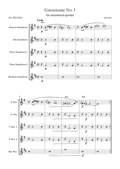 Gnossienne No. 1 – for Saxophone Quintet with chords (arr. Pedro Cohen)