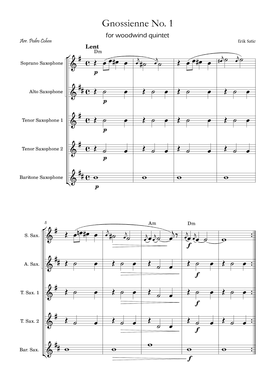 Gnossienne No. 1 – for Saxophone Quintet with chords (arr. Pedro Cohen)