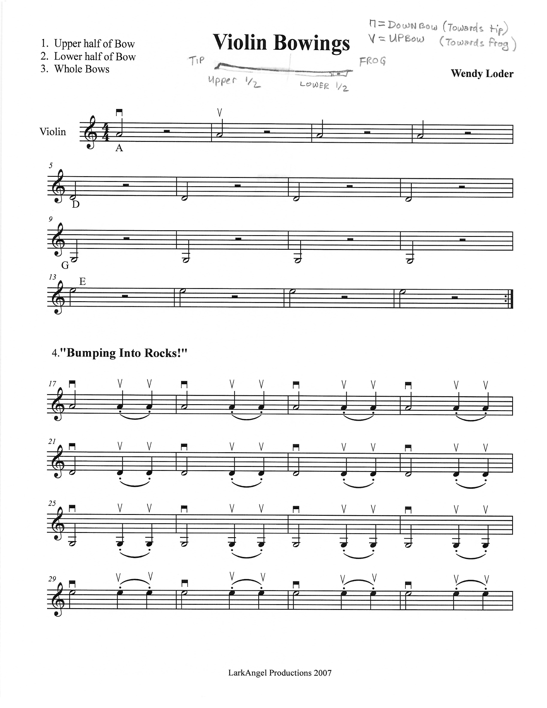 Beginning Violin Bowing Exercises, 5-note scales, and Tablatures (fingering charts)