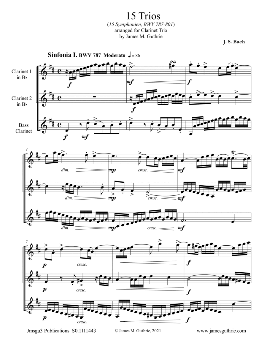 BACH: 15 Trios BWV 787-801 for Clarinet Trio (arr. James M. Guthrie)
