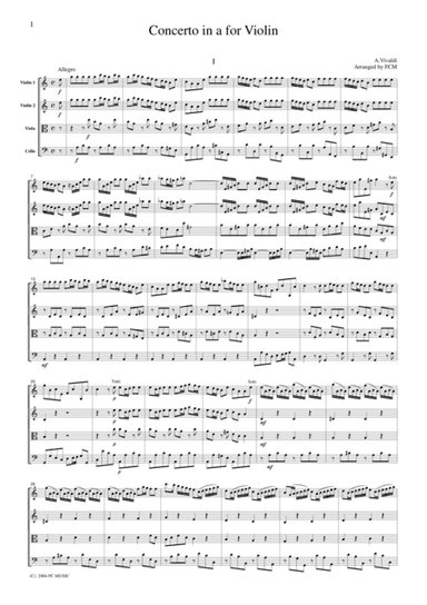 Vivaldi  Concerto in a for Violin, all mvts., for string quartet, CV106 (arr. FCMUSIC)