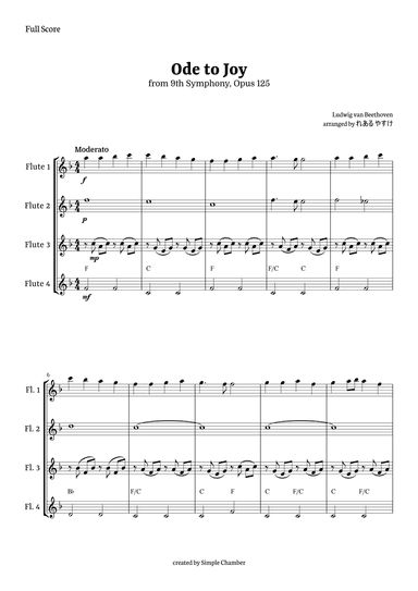 Ode to Joy for Flute Quartet by Beethoven Opus 125 (arr. れある やすけ)