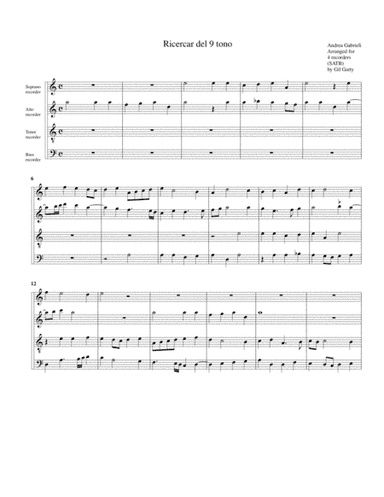 Ricercar del 9 tono (arrangement for 4 recorders) (arr. Gil Garty)
