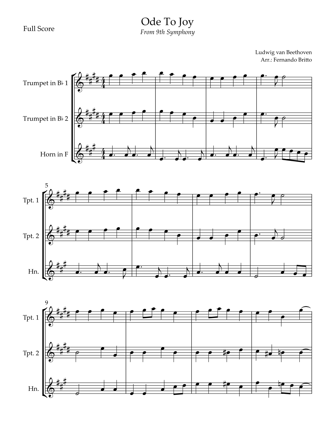 Ode To Joy Theme (from Beethoven's 9th Symphony) for Brass Trio (arr. Fernando Britto)