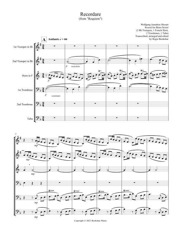 Recordare (from "Requiem") (F) (Brass Sextet - 2 Trp, 1 Hrn, 2 Trb, 1 Tuba) (arr. Regis Bookshar)