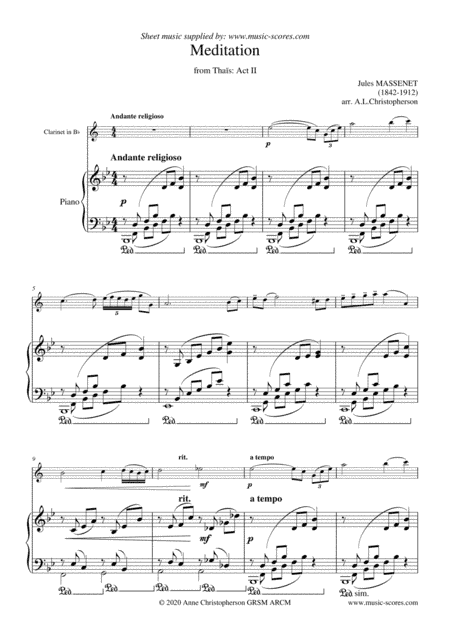 Meditation from Thais - Clarinet and Piano (arr. Anne L. Christopherson GRSM ARCM)