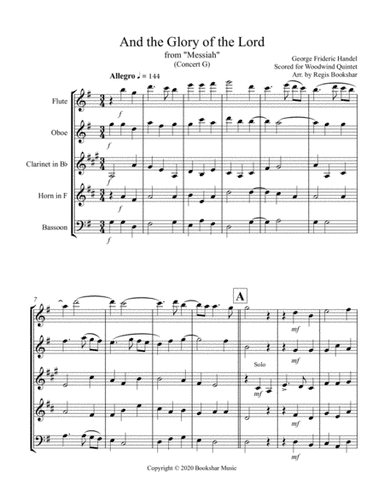And the Glory of the Lord (from "Messiah") (G) (Woodwind Quintet - 1 Flute, 1 Oboe, 1 Clar, 1 Hrn, 1 (arr. Regis Bookshar)