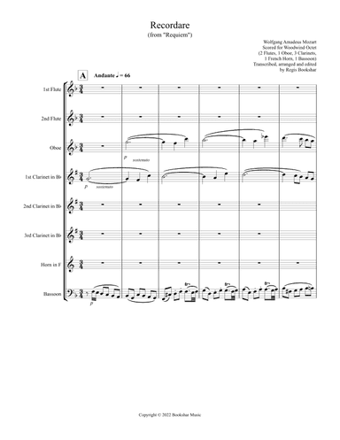Recordare (from "Requiem") (F) (Woodwind Octet - 2 Flutes, 1 Oboe, 3 Clar, 1 Hrn, 1 Bassoon) (arr. Regis Bookshar)
