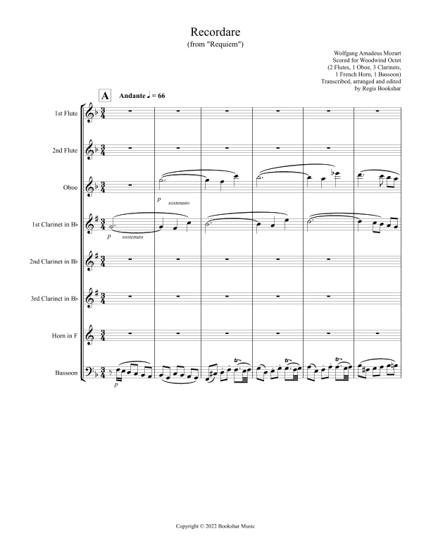 Recordare (from "Requiem") (F) (Woodwind Octet - 2 Flutes, 1 Oboe, 3 Clar, 1 Hrn, 1 Bassoon) (arr. Regis Bookshar)