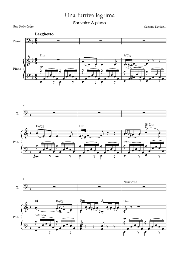 Una Furtiva Lagrima (Tenor in Dm) (arr. Pedro Cohen)