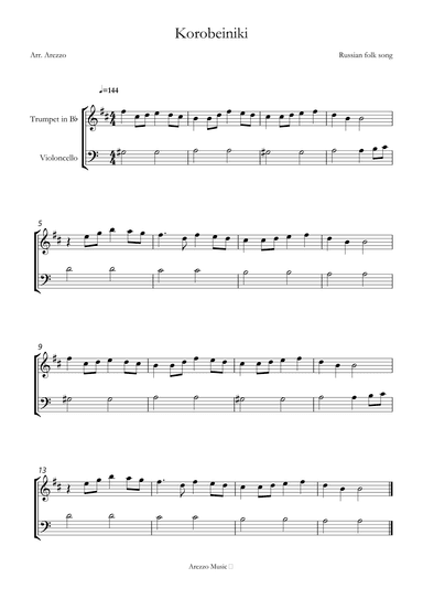 korobeiniki tetris theme for trumpet and Cello Sheet Music (arr. Arezzo Music)