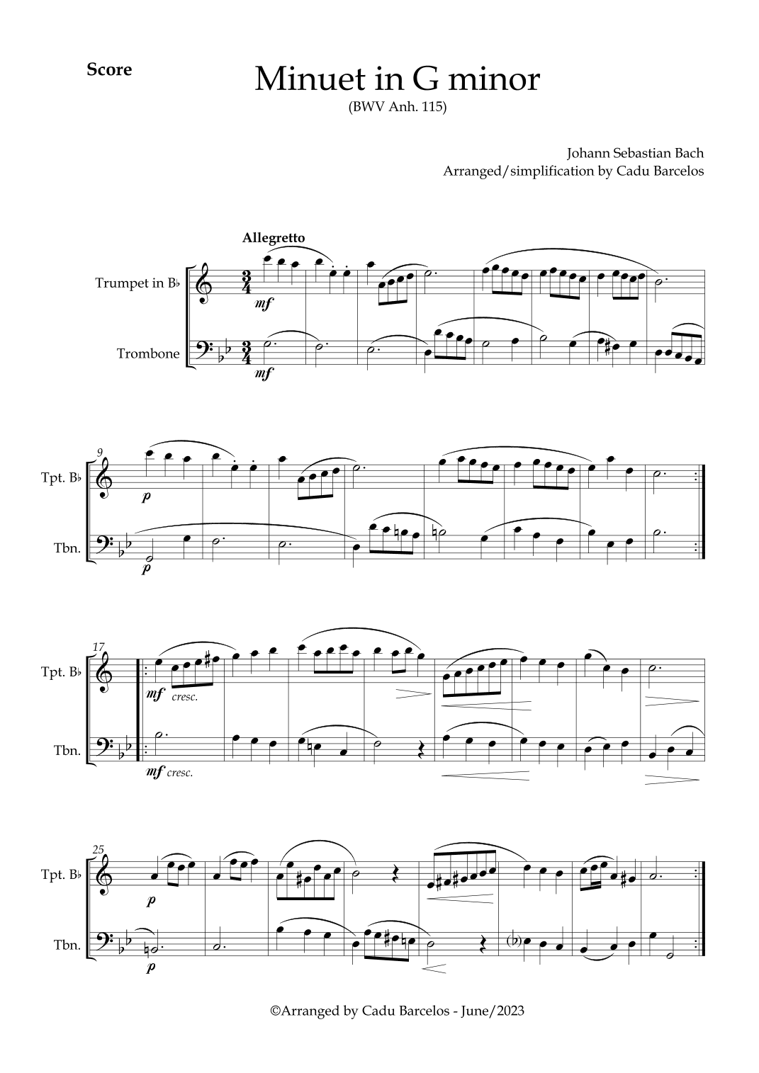 Minuet in G minor BWV anh 115 (Bach) Trumpet and Trombone (arr. Cadu Barcelos)