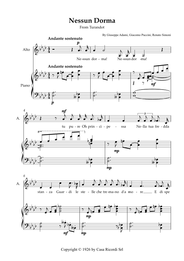 Nessun Dorma - Alto & Piano