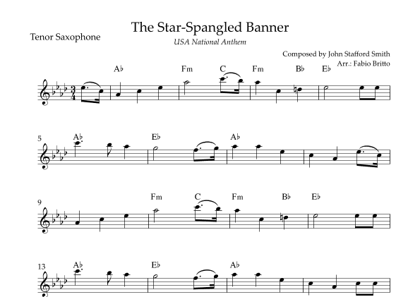 The Star Spangled Banner (USA National Anthem) for Tenor Saxophone Solo with Chords (Gb Major) (arr. Fabio Britto)