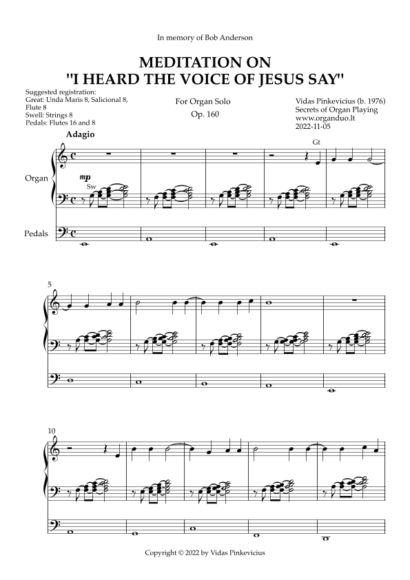 Meditation on "I Heard the Voice of Jesus Say", Op. 160 (Organ Solo) by Vidas Pinkevicius