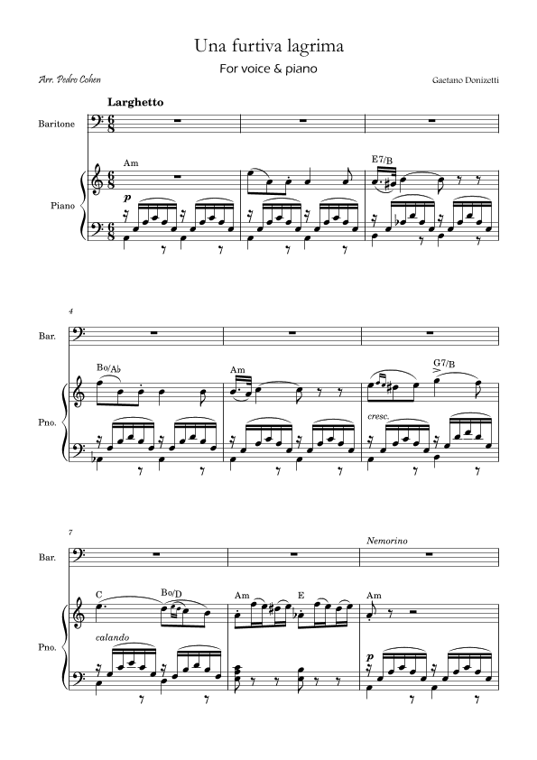 Una Furtiva Lagrima (Baritone in Am) (arr. Pedro Cohen)