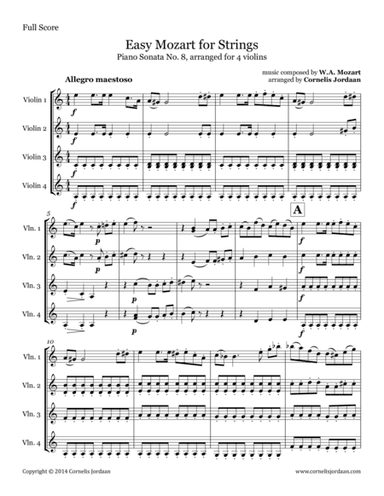 Easy Mozart for Strings - Piano Sonata No. 8, arranged for 4 violins (arr. Cornelis Jordaan)