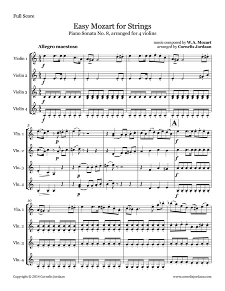 Easy Mozart for Strings - Piano Sonata No. 8, arranged for 4 violins (arr. Cornelis Jordaan)
