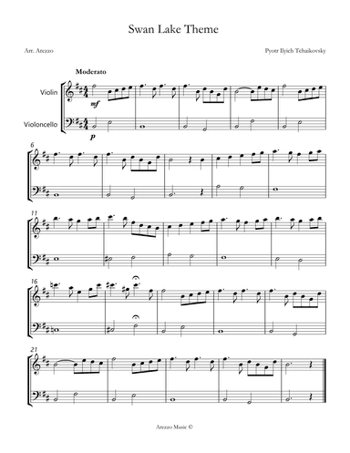 the swan lake theme for violin and cello sheet music for beginners (arr. Arezzo Music)