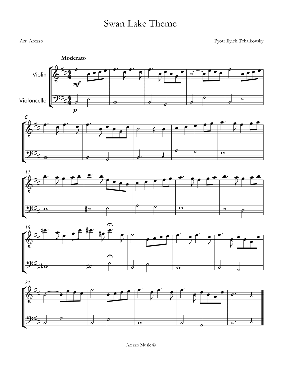the swan lake theme for violin and cello sheet music for beginners (arr. Arezzo Music)