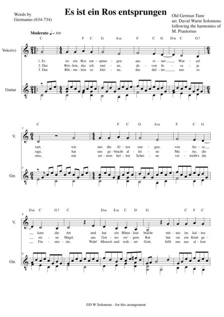 Es ist ein Ros' entsprungen for low voice(s) and guitar (arr. David Warin Solomons)