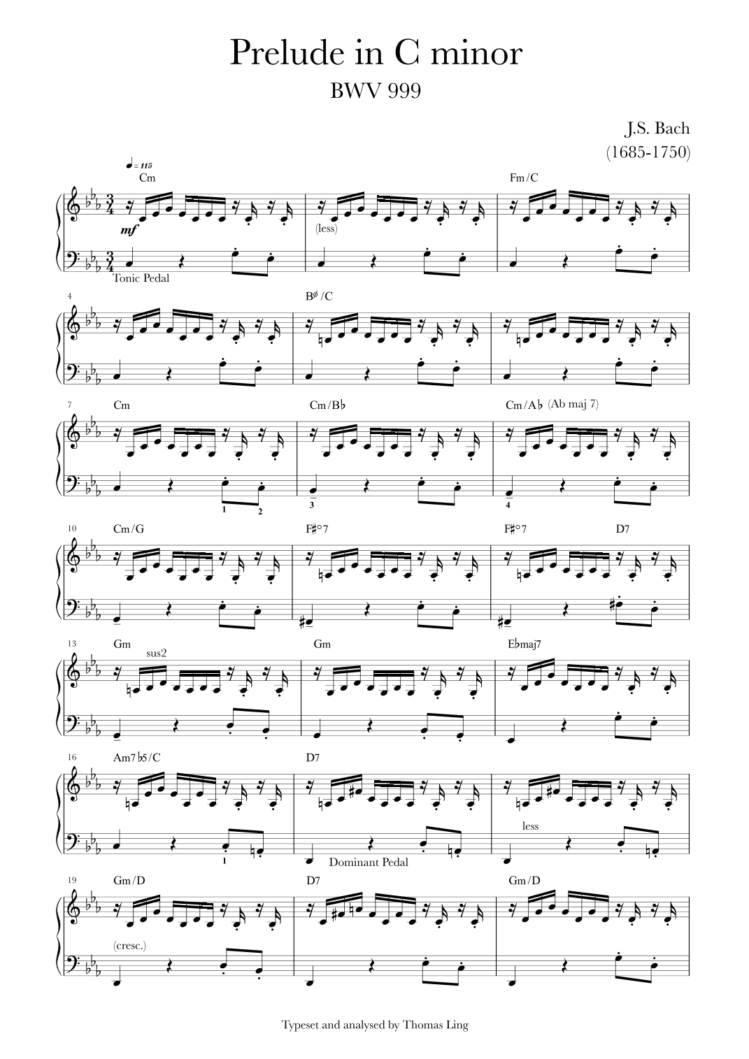 Prelude in C minor BWV 999 with labelled chords (arr. Thomas Ling)