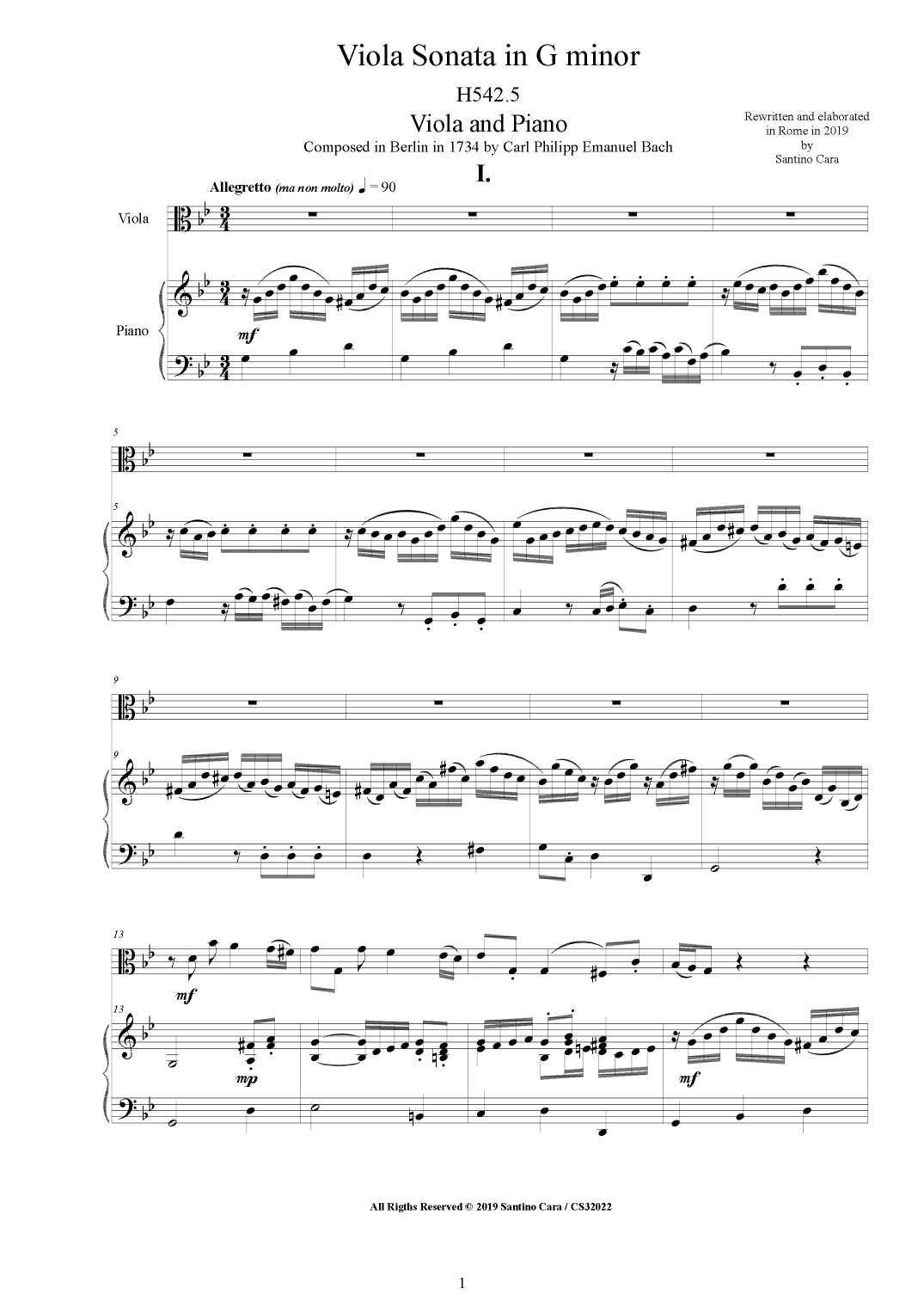 Bach CPE - Viola Sonata in G minor H542.5 for Viola and Piano (arr. Santino Cara)