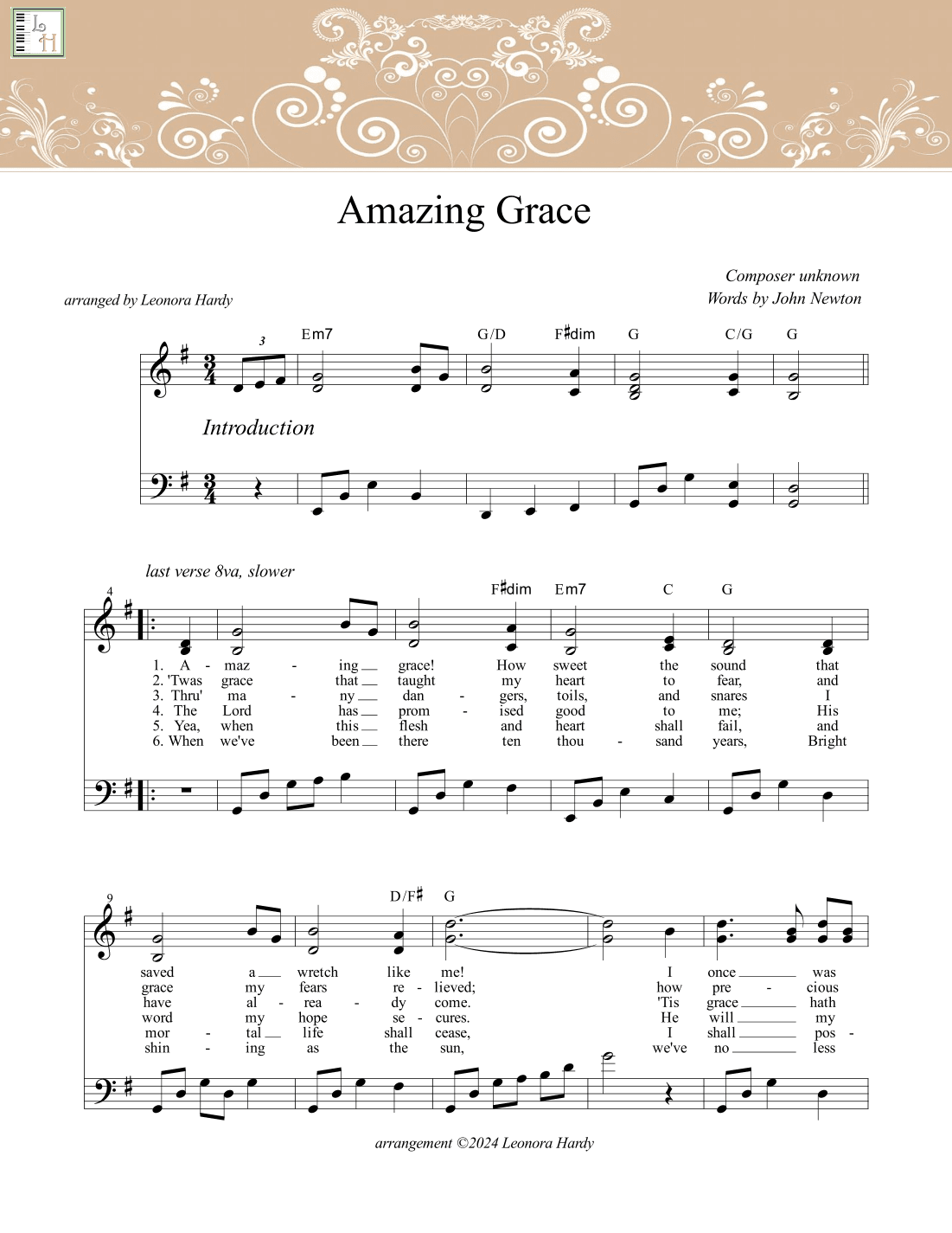 Amazing Grace in G (arr. Leonora Hardy)