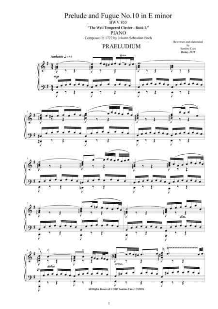 Bach - Prelude and Fugue No.10 in E minor BWV 855 for Piano (arr. Santino Cara)