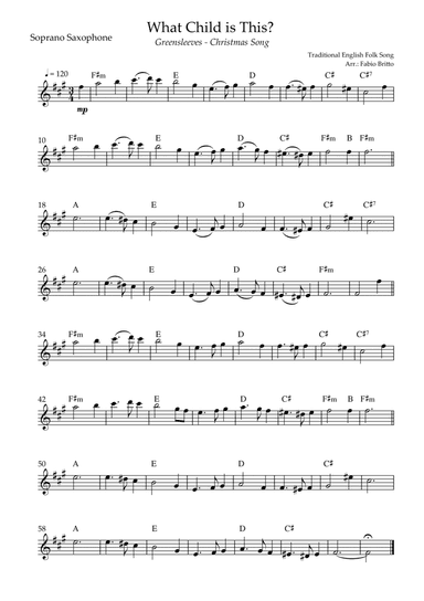 What Child is This? - Greensleeves (Christmas Song) for Soprano Saxophone Solo with Chords (arr. Fernando Britto)