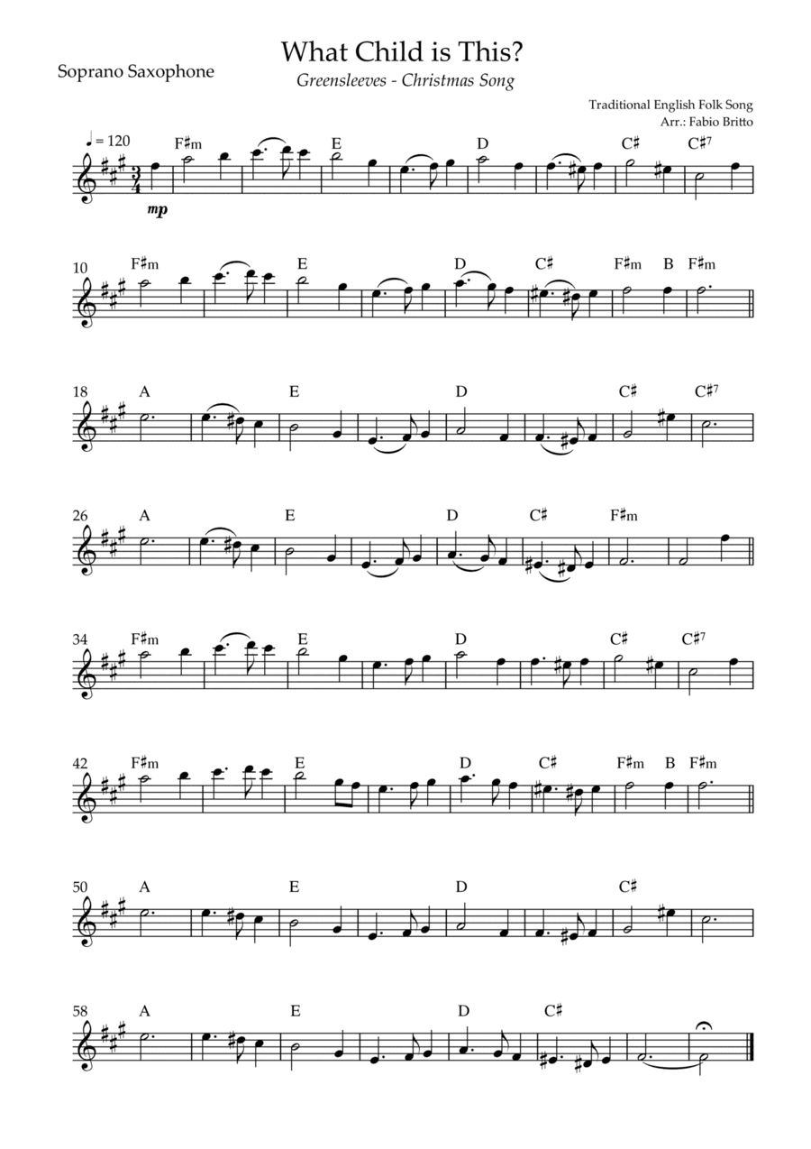 What Child is This? - Greensleeves (Christmas Song) for Soprano Saxophone Solo with Chords (arr. Fernando Britto)