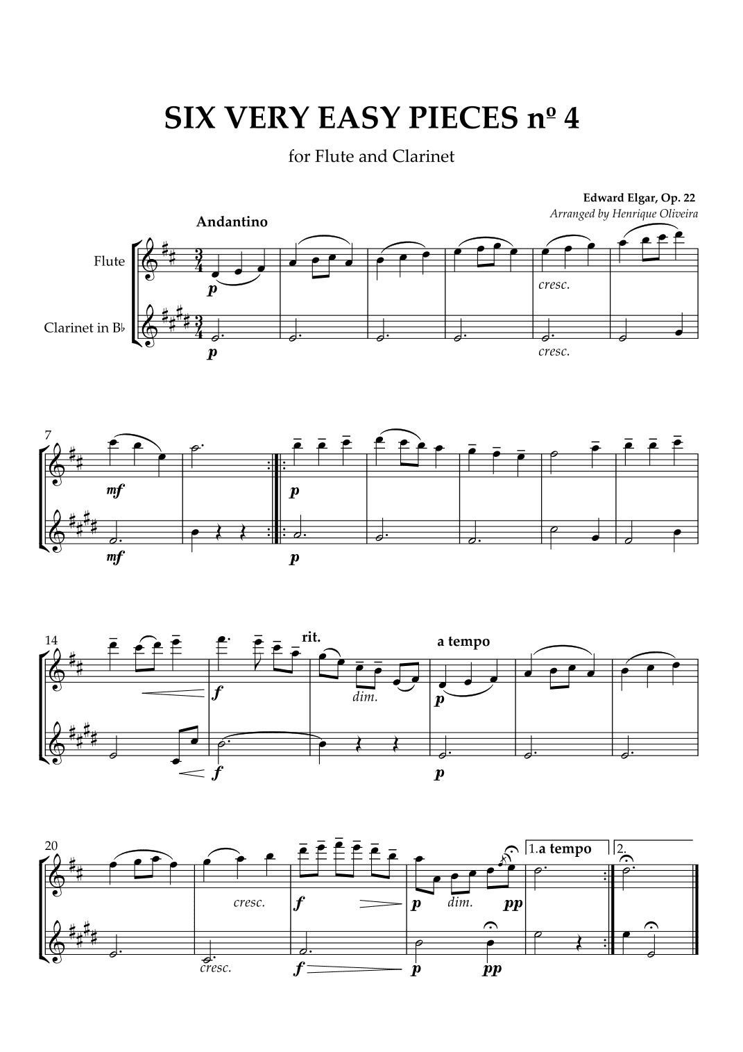 Six Very Easy Pieces nº 4 (Andantino) - Flute and Clarinet (arr. Henrique Oliveira)