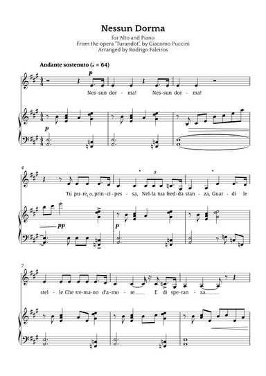 Nessun Dorma (for alto and piano) (arr. Rodrigo Faleiros)