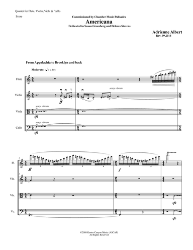 AMERICANA for flute/alto flute, violin, viola, and cello